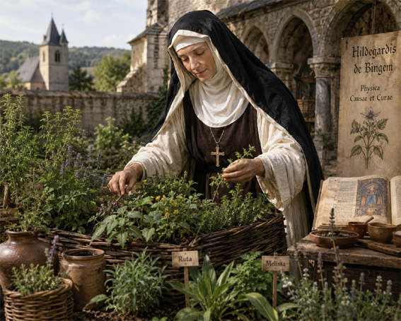 Chat-Gpt Hildegarde dans jardin monastique